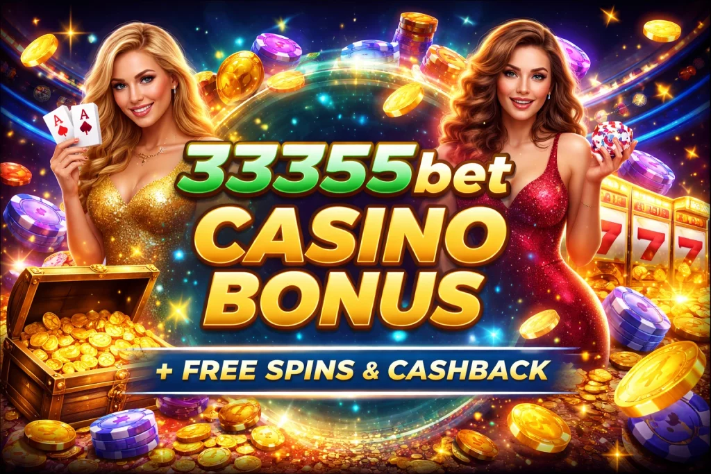 33355bet Casino Bonus 2026 com Free Spins e cashback, moedas douradas e máquina de Slots em destaque